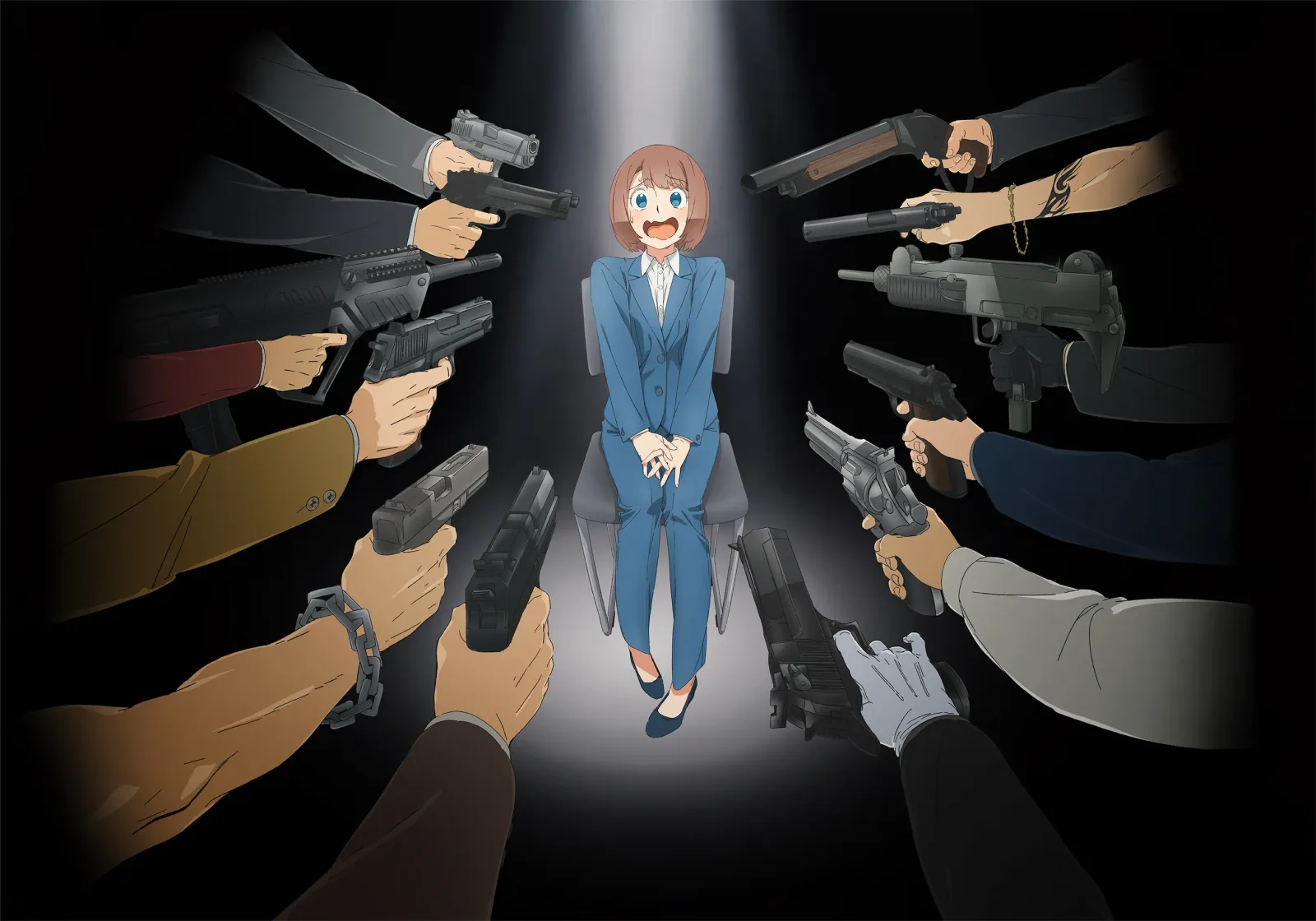 Une jeune femme en tailleur bleu, assise sur une chaise sous un faisceau de lumière, l'air terrifié, braquée par de nombreuses armes à feu tenues par des mains sortant de l'obscurité.