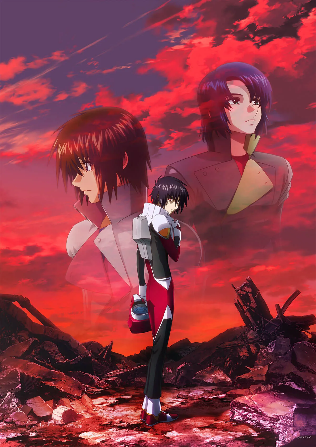 Shinn Asuka en combinaison rouge, casque à la main, devant des ruines sous un ciel rouge, avec les silhouettes translucides de Kira Yamato et d'Athrun Zala.
