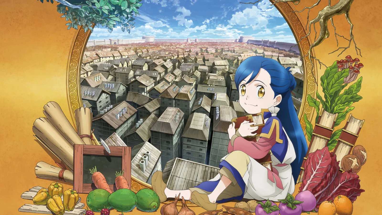 Myne, cheveux bleus, serre des livres contre elle, assise face à une ville aux toits gris, entourée de parchemins et de légumes.