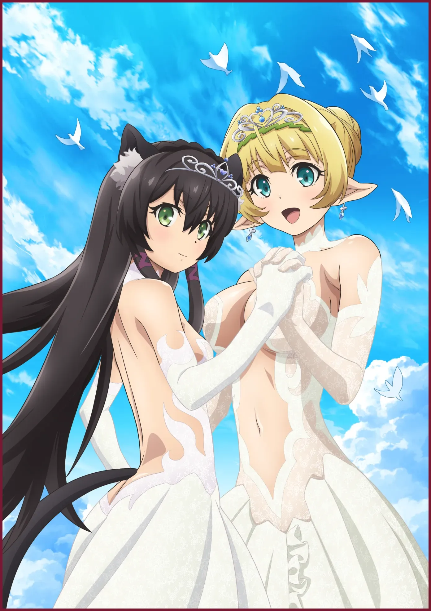Rem et Shera en robes de mariée blanches et diadèmes, se tenant les mains devant un ciel bleu où volent des oiseaux blancs.