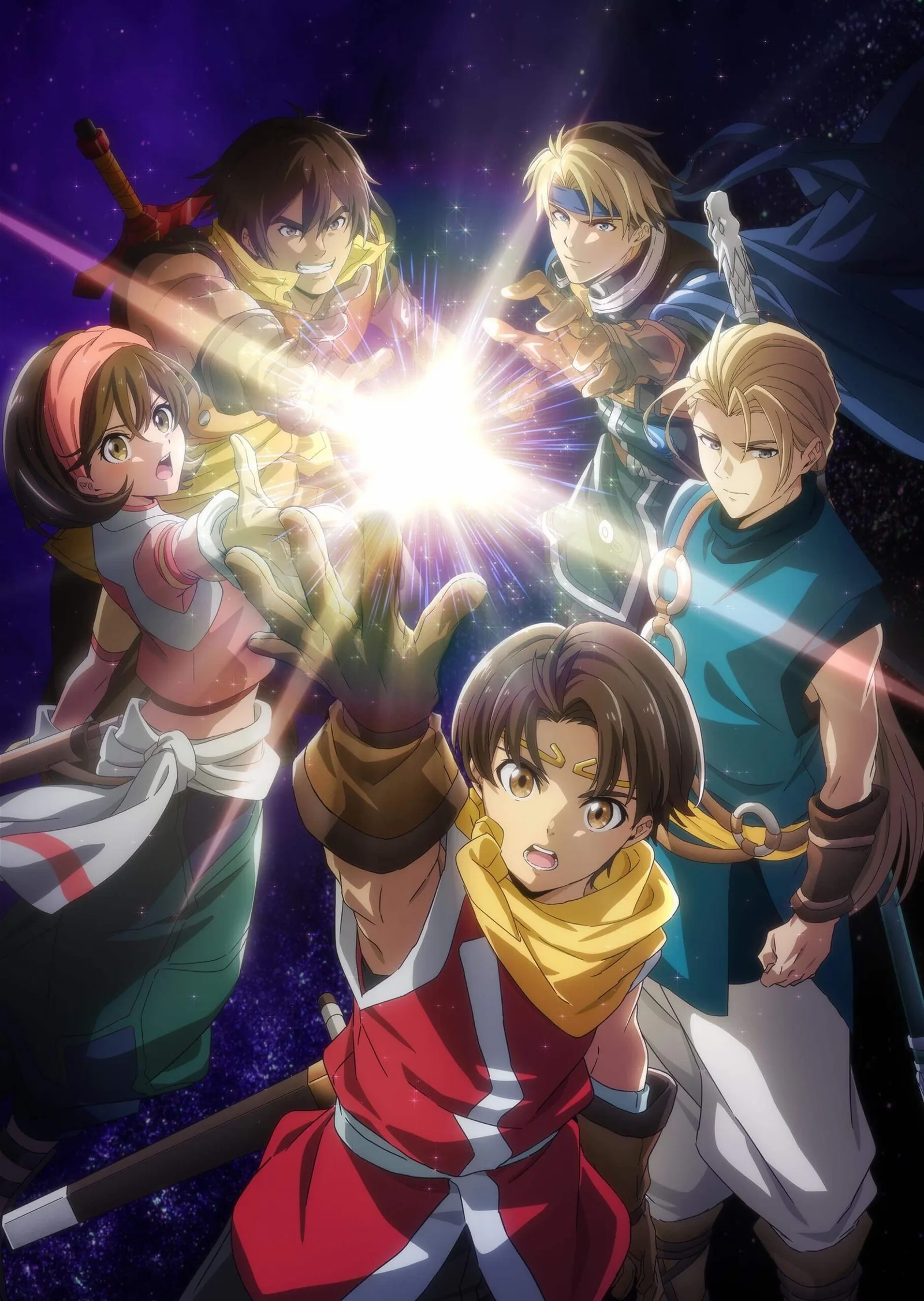 Cinq héros de Suikoden The Anime tendent la main vers une lumière éclatante sur un fond de ciel étoilé violet.