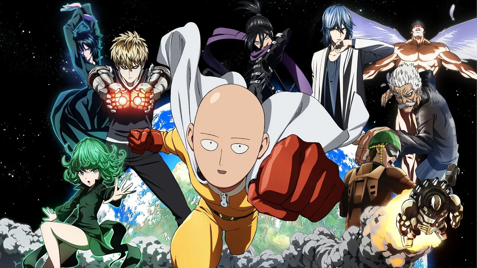 Saitama, poing tendu en avant, entouré de Tornade, Genos, Sonic, Bang, Metal Knight et d'autres héros de One Punch Man devant la Terre vue de l'espace.