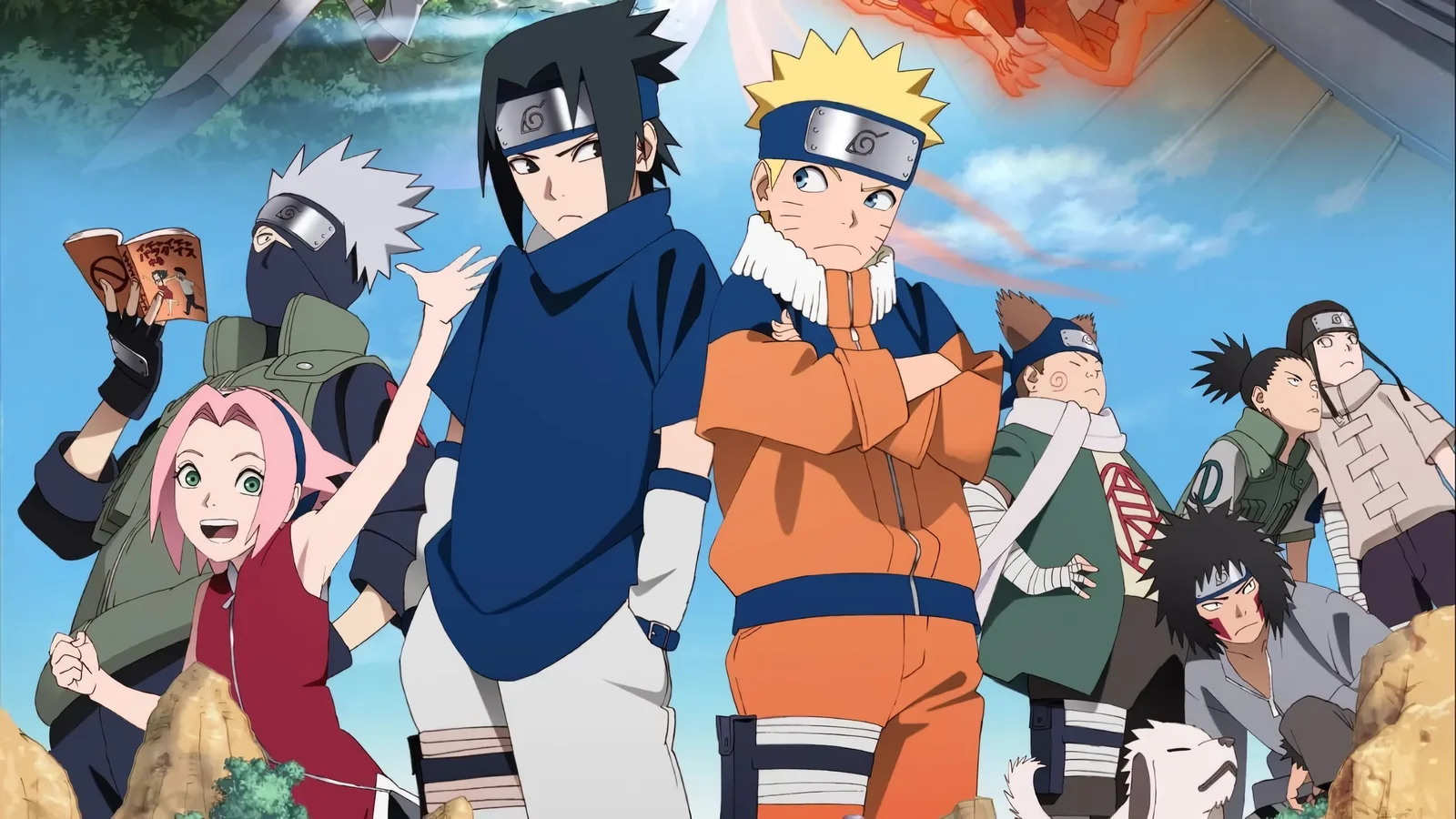 Naruto et Sasuke dos à dos, entourés de Sakura, Kakashi, Choji, Shikamaru, Neji, Kiba et Akamaru, dans un visuel de l'anime Naruto.
