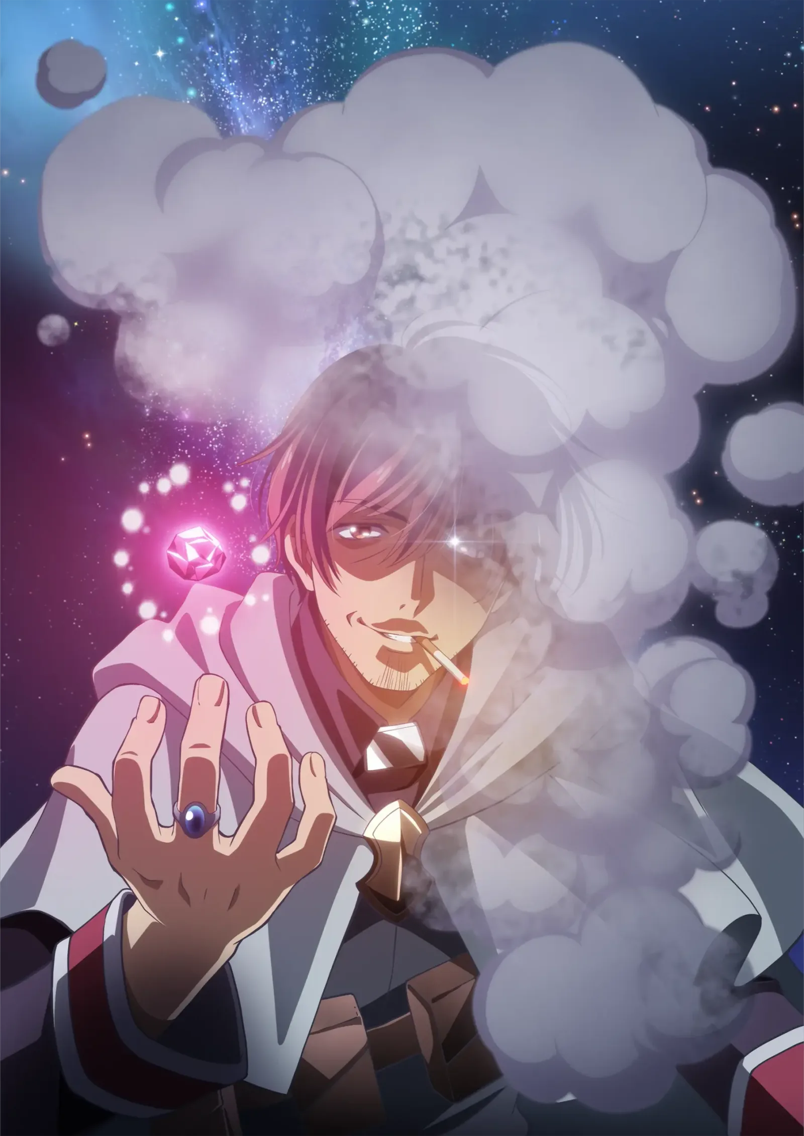 Un homme barbu à la cigarette, vêtu d'une cape claire, tend la main ornée d'une bague vers un cristal rose lumineux, entouré de fumée sur un fond d'étoiles.
