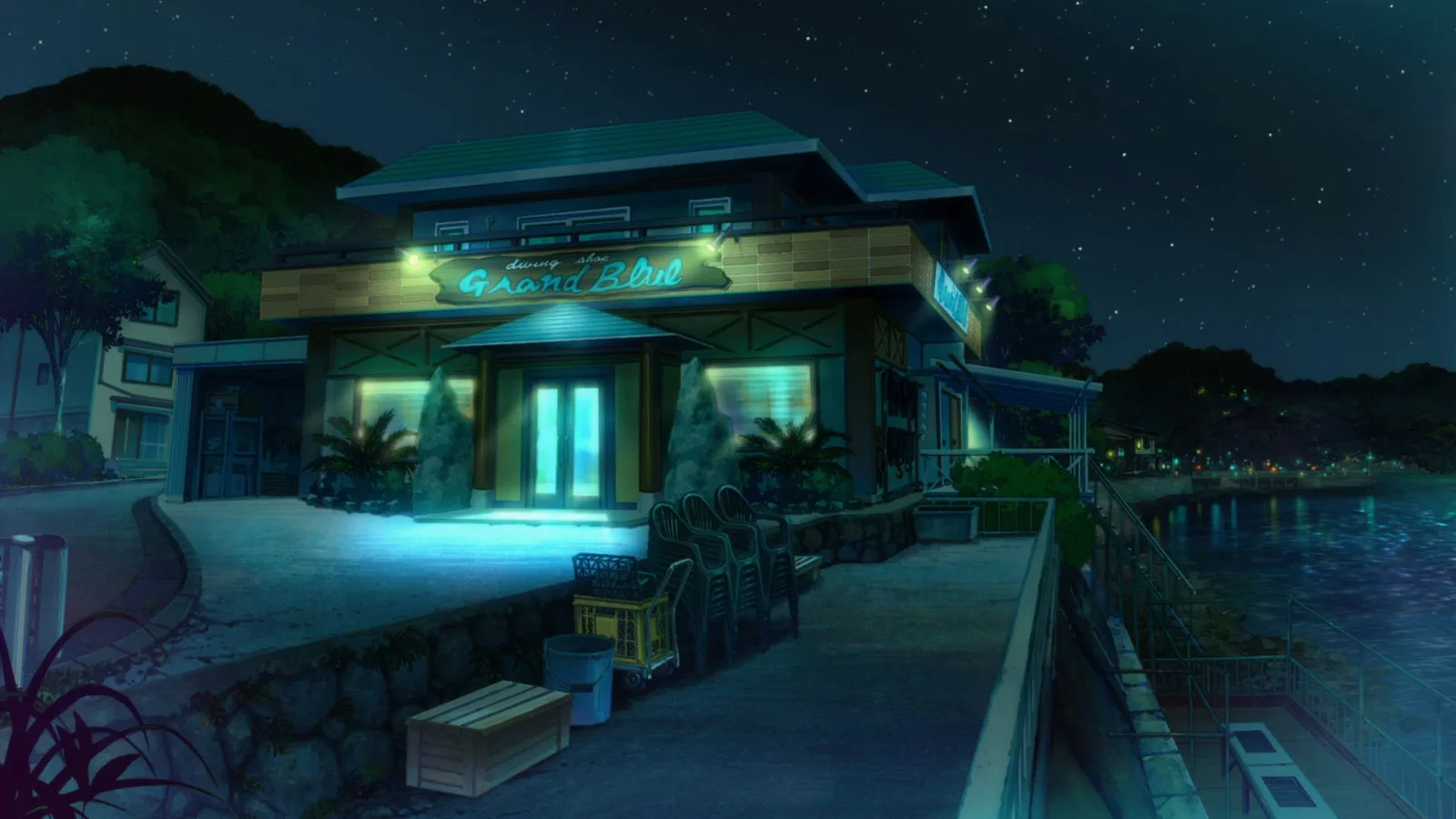 Façade nocturne du magasin de plongée Grand Blue, éclairée sous un ciel étoilé, au bord de la mer.