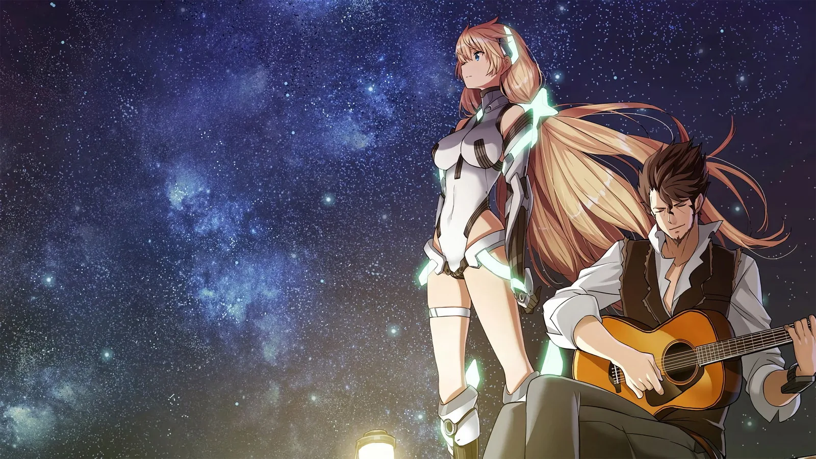 Angela Balzac en combinaison blanche se tient sous un ciel étoilé, à côté de Dingo qui joue de la guitare.