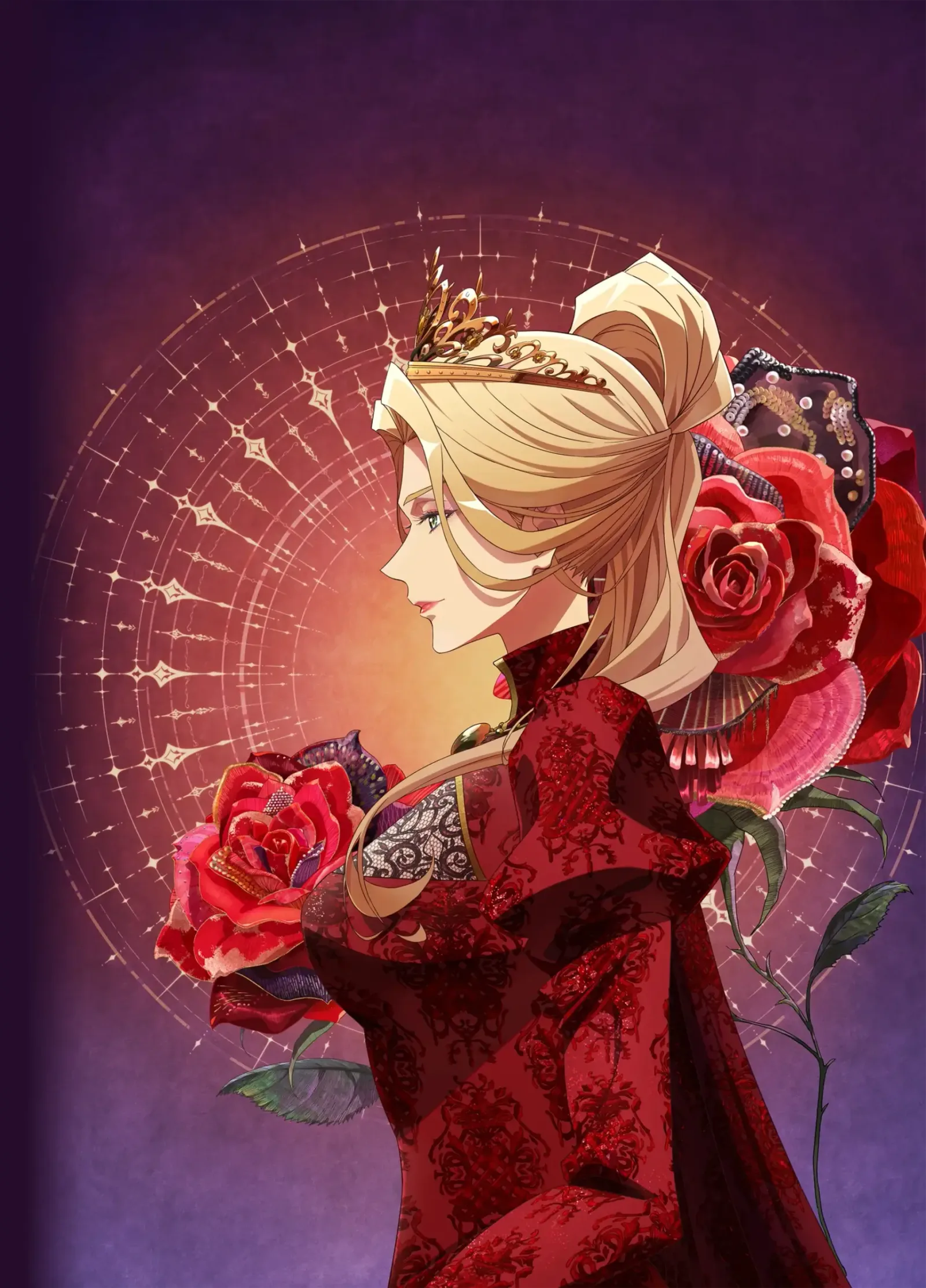 Une jeune femme blonde de profil, couronnée d'un diadème et vêtue d'une robe rouge, tient une grande rose devant un cercle étoilé sur fond violet.