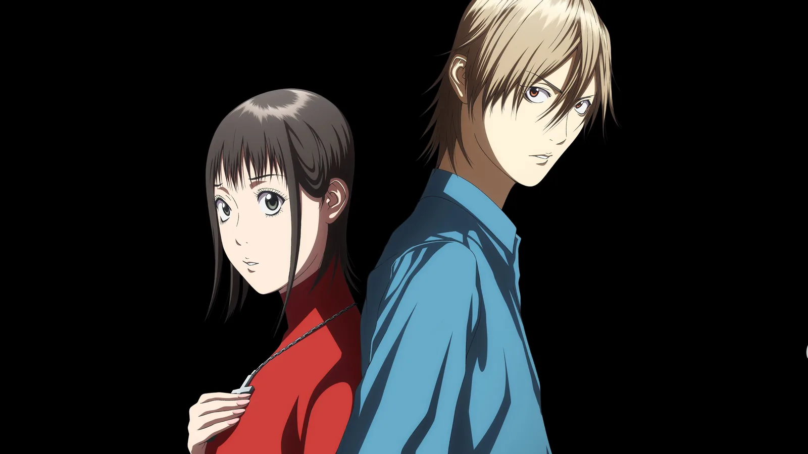 Une jeune femme brune en pull rouge et un jeune homme blond en chemise bleue, dos à dos sur fond noir, dans le style de l'anime Liar Game.