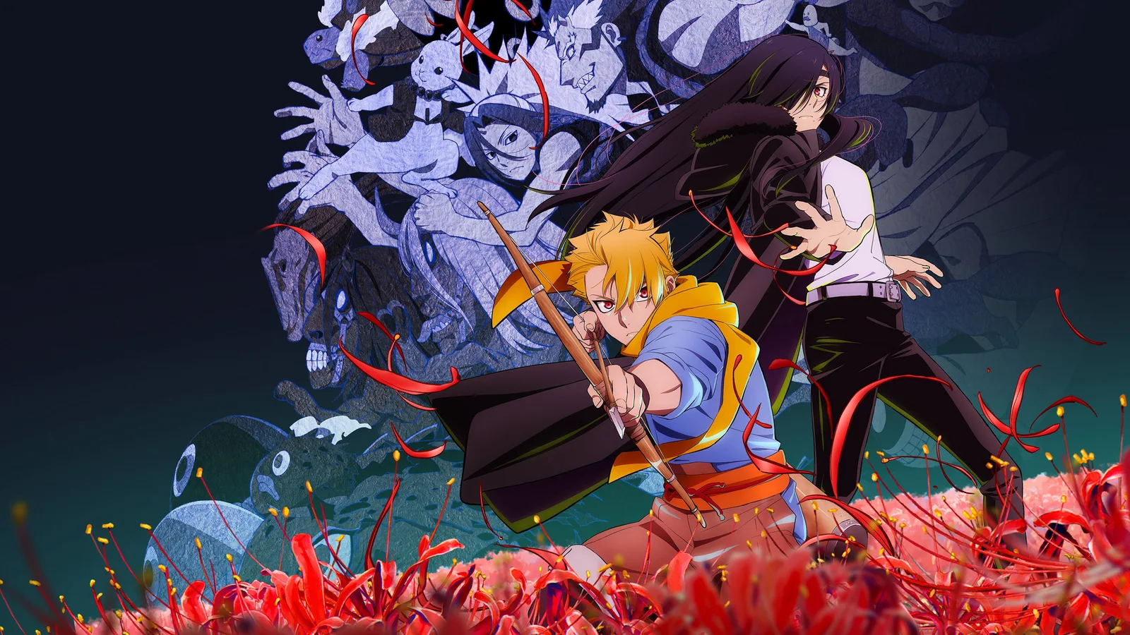 Deux personnages de l'anime Daemons of the Shadow Realm, un archer blond et un jeune homme aux longs cheveux noirs, au milieu de lycoris rouges devant des créatures spectrales.