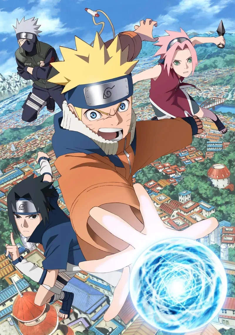 Naruto, Sasuke, Sakura et Kakashi lancés au-dessus du village, Naruto prépare un Rasengan.