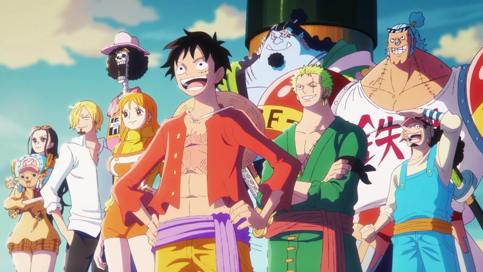 Luffy et l'équipage du Chapeau de paille réunis devant un décor futuriste.